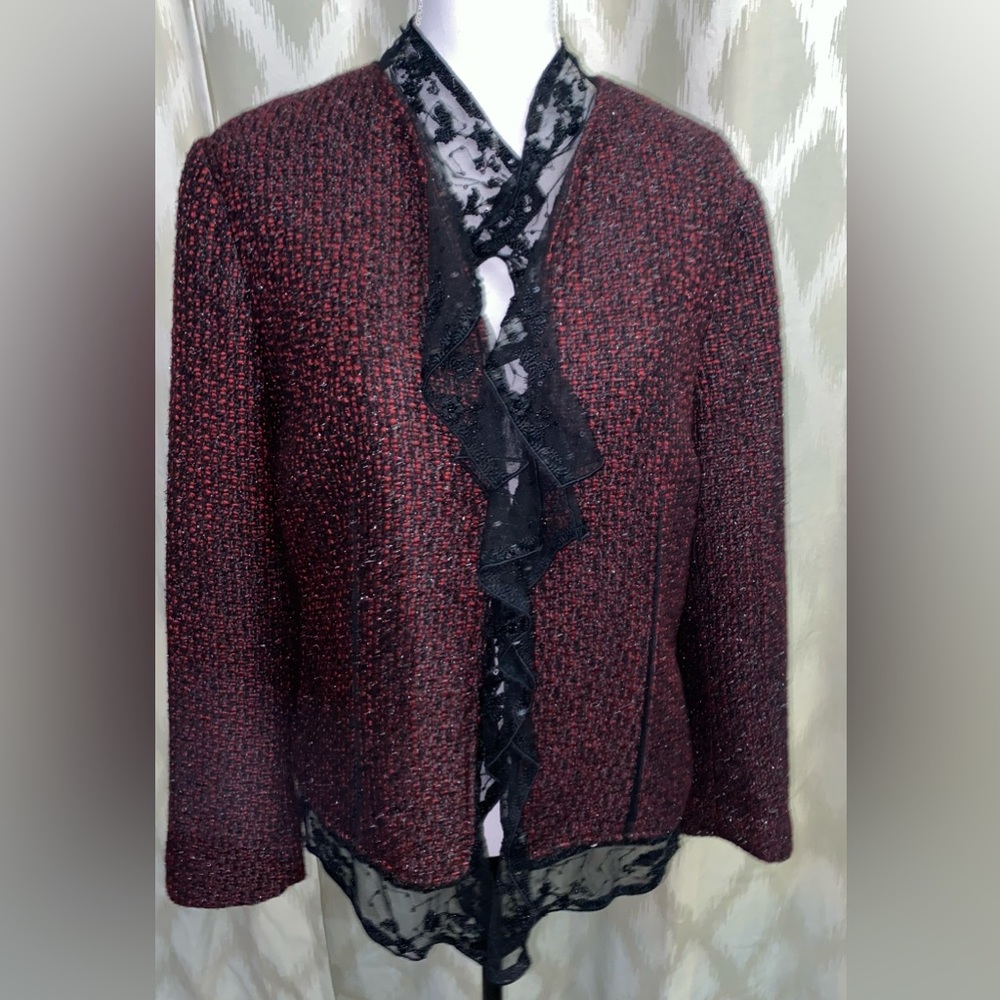 Chico’s Blazer beaded lace ruffle collar tweed Jacket coat